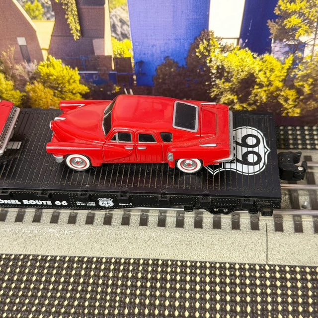 #1596 Lionel O Gauge Route 66 Flatcar with Two Red Classic Cars