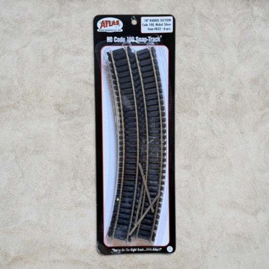 Atlas #833 HO Scale Code 100 Snap-Track 18" Radius Curved Track (6-Pack) – Nickel Silver – New in Package