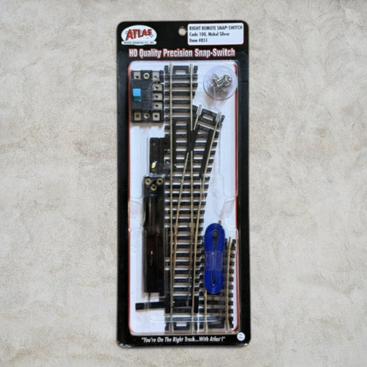Atlas #851 HO Scale Code 100 Right Remote Snap-Switch – Nickel Silver – Manual Turnout with Remote Machine – New in Package