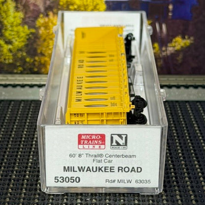 #1569 Micro-Trains Line N Scale Milwaukee Road 60' 8" Thrall Centerbeam Flat Car #63035