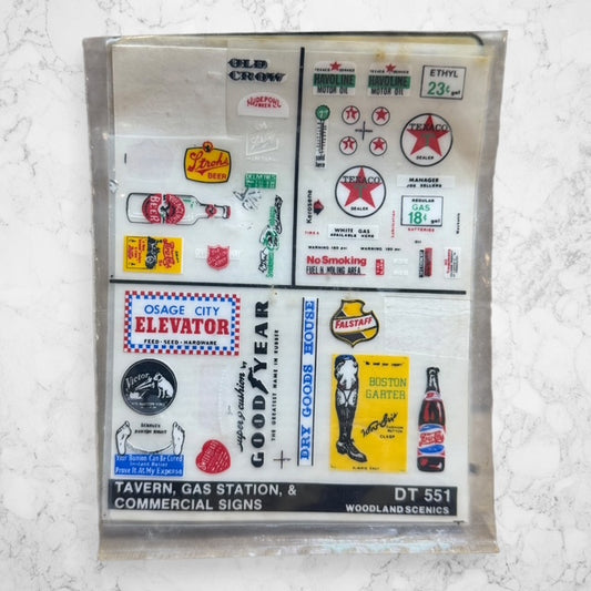 Woodland Scenics DT551 Tavern, Gas Station & Commercial Signs – Dry Transfer Decals