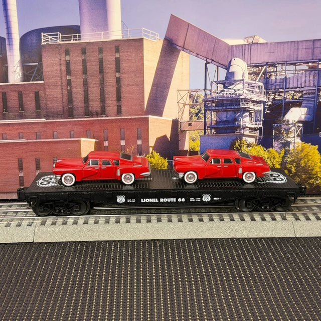 #1596 Lionel O Gauge Route 66 Flatcar with Two Red Classic Cars