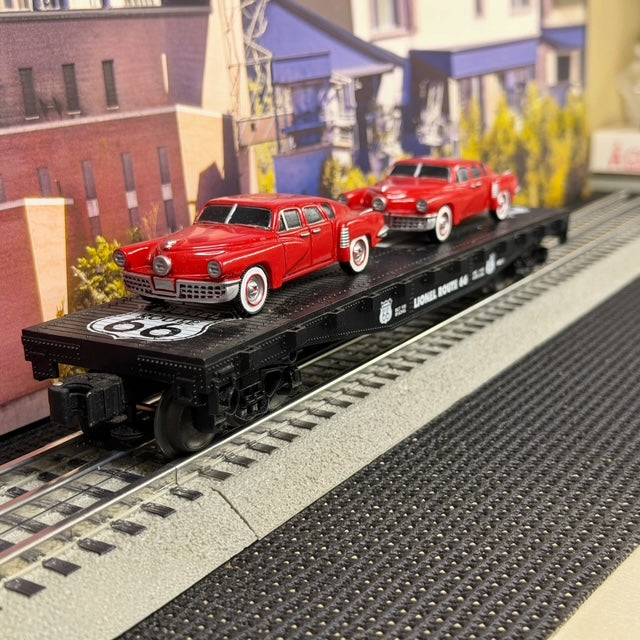 #1596 Lionel O Gauge Route 66 Flatcar with Two Red Classic Cars