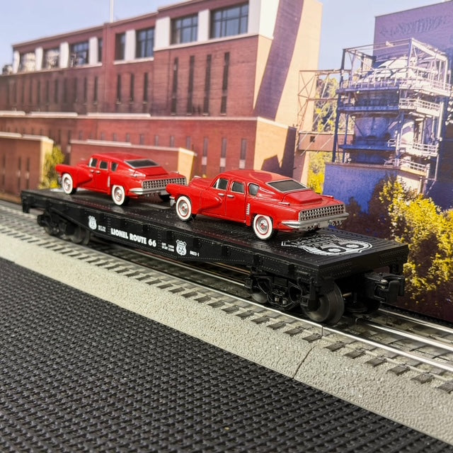 #1596 Lionel O Gauge Route 66 Flatcar with Two Red Classic Cars