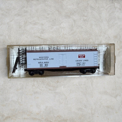 #1353 Micro-Trains HO Scale Green Bay Route Western Refrigerator Line 40' Double Sheathed Wood Reefer WRX #9453 – Item No. 49320