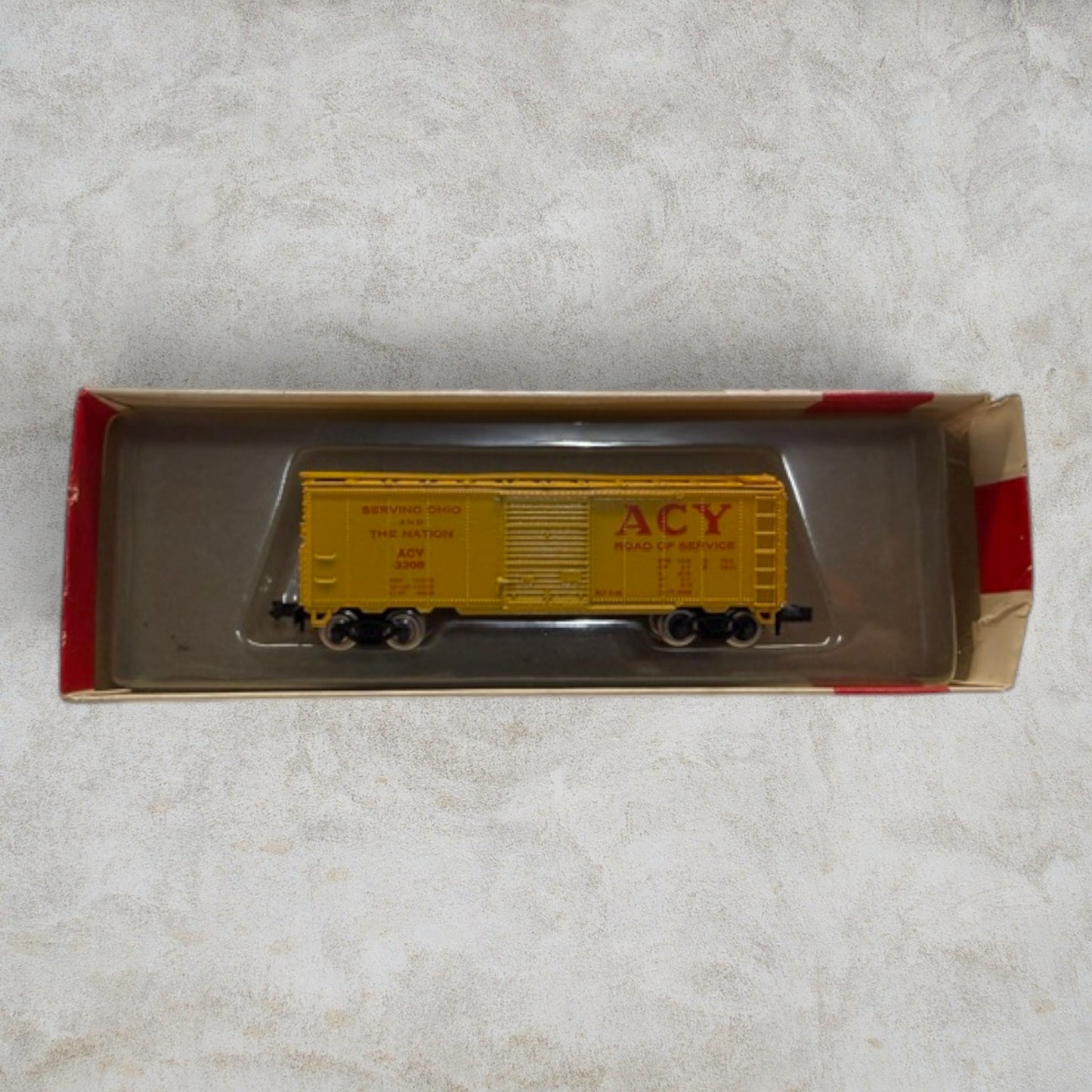 Con-Cor N Scale 40' Steel Boxcar – Akron, Canton & Youngstown (ACY) Road of Service #3208 – Item No. 1002-N