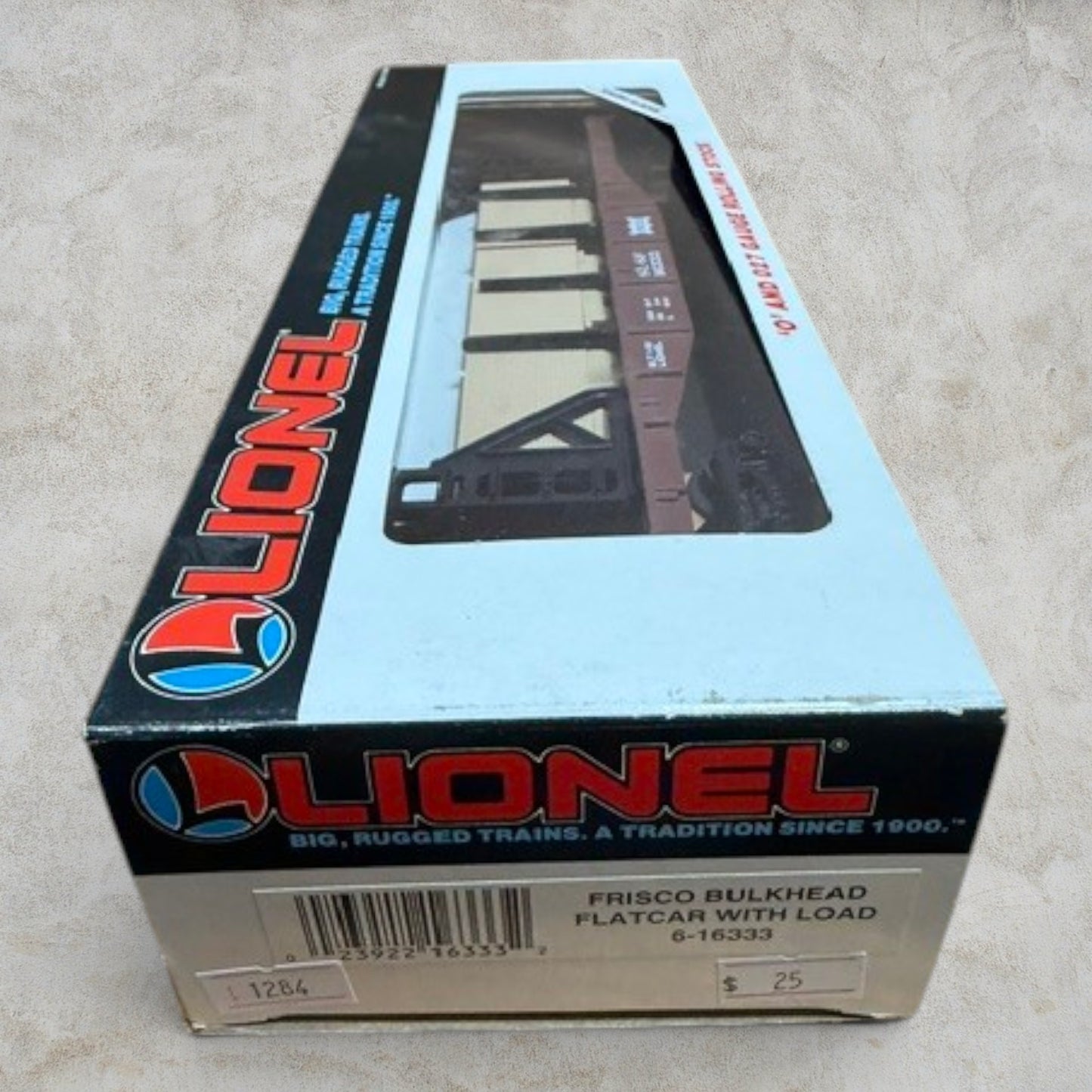 #1284 Lionel 6-16333 Frisco (SLSF) Bulkhead Flatcar with Lumber Load – O/O27 Gauge w/ Original Box
