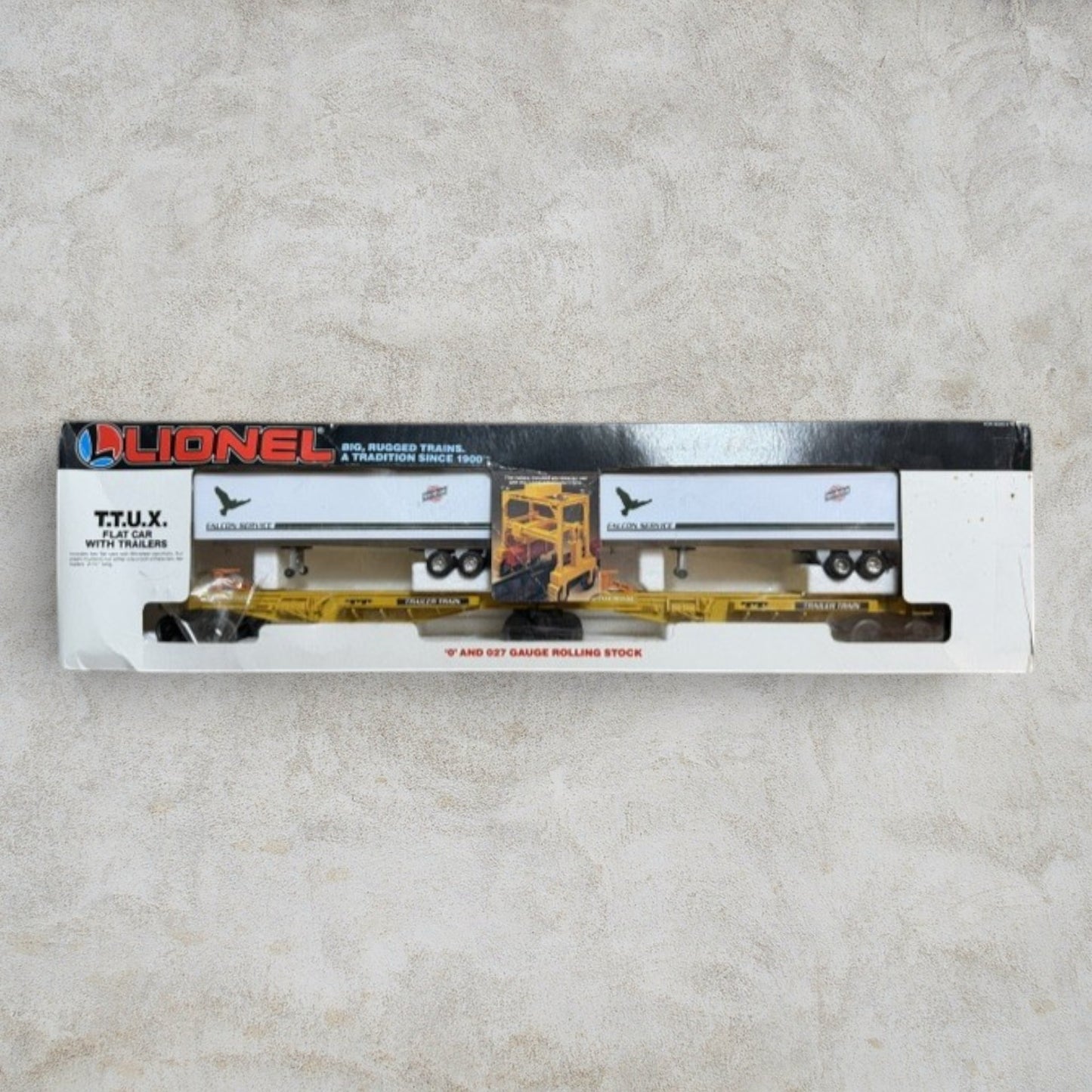 #1288 Lionel 6-18338 T.T.U.X. Flat Car with Falcon Service Trailers – O & O27 Gauge Piggyback Set w/ Original Box