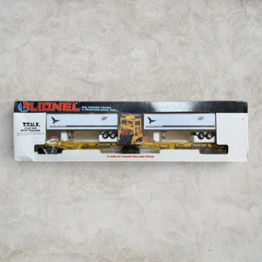 #1288 Lionel 6-18338 T.T.U.X. Flat Car with Falcon Service Trailers – O & O27 Gauge Piggyback Set w/ Original Box