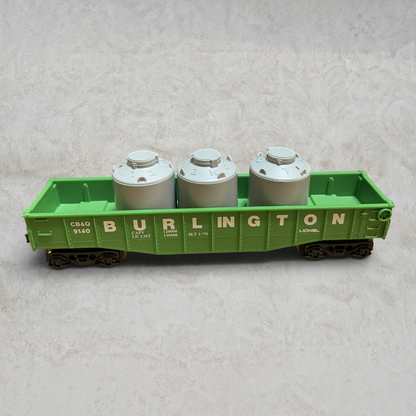 #1286 Lionel 6-9140 Burlington Gondola with Tank Load – O & O27 Gauge Rolling Stock w/ Original Box