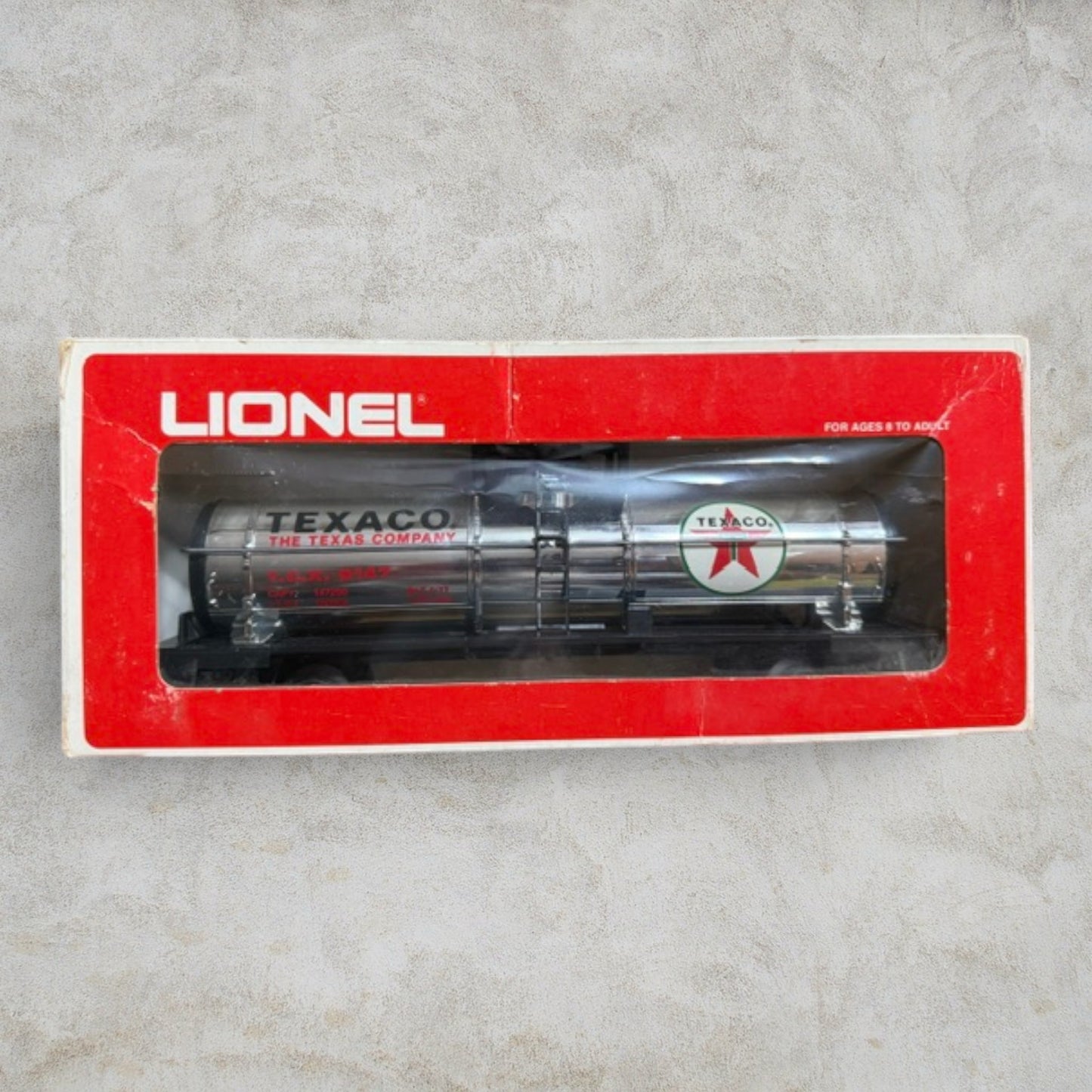 #1285 Lionel 6-9147 Texaco Single-Dome Tank Car – O/O27 Gauge Chrome Tank Car w/ Original Box