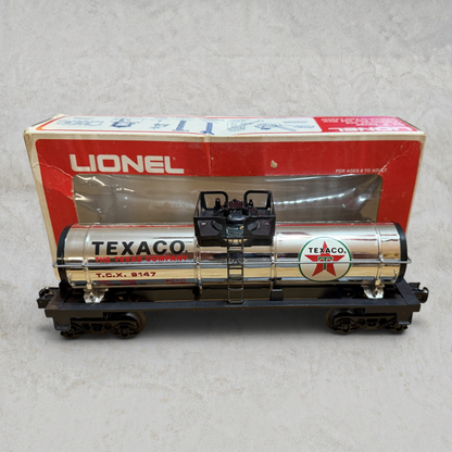 #1285 Lionel 6-9147 Texaco Single-Dome Tank Car – O/O27 Gauge Chrome Tank Car w/ Original Box