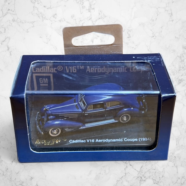#1409 RICKO 38860 HO Scale 1934 Cadillac V16 Aerodynamic Coupe – Dark Blue Diecast