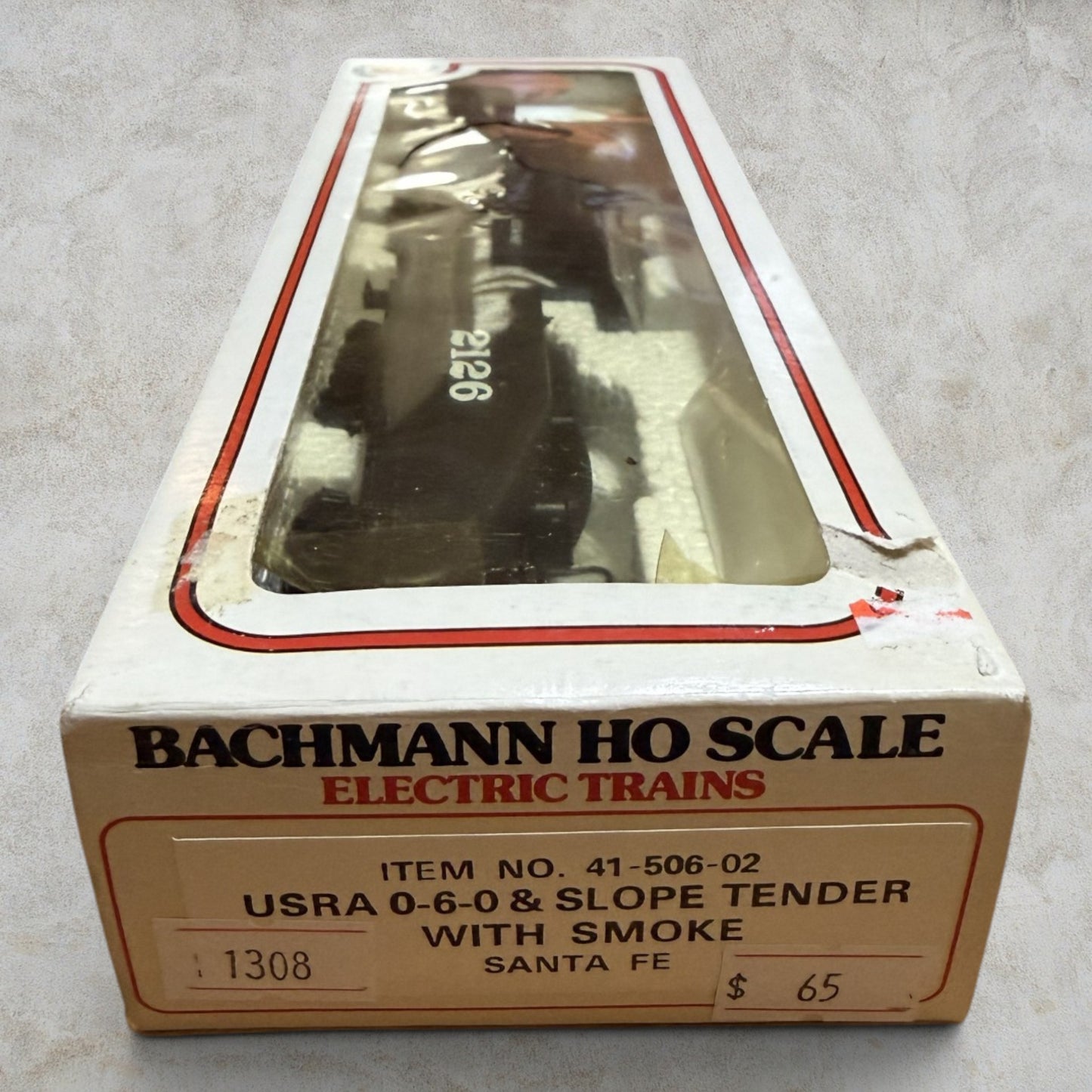 #1308 Bachmann HO Scale USRA 0-6-0 Steam Locomotive & Slope Tender with Smoke – Santa Fe #2126 – Item #41-506-02