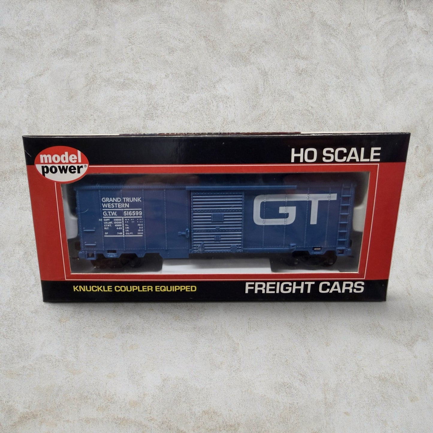#1118 Model Power HO Scale Grand Trunk Western 40' Box Car #97954 – Blue – Knuckle Couplers – Road #516599