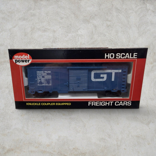#1118 Model Power HO Scale Grand Trunk Western 40' Box Car #97954 – Blue – Knuckle Couplers – Road #516599